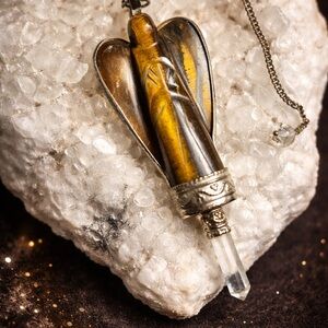 Tiger’s Eye Angel Pendulum w/ Tiger’s Eye Wings + Crystal Point (11”)